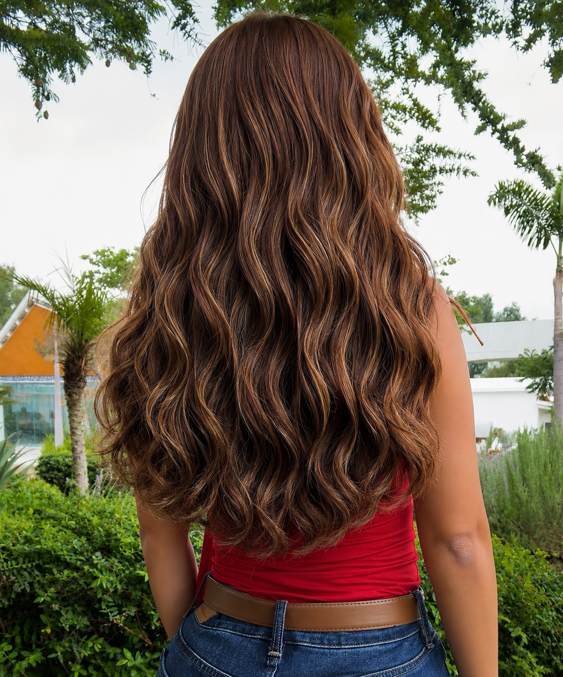 Peluca Lace Front 13x6 de Fibra Premium Realista 12 Pulgadas | Color Café con Mechas Beige | Corta y Natural
