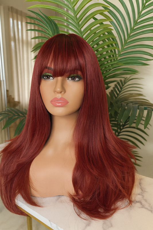 Peluca Realista Roja “Pasión” – 20 Pulgadas, Fácil de Poner con Gorro Genérico