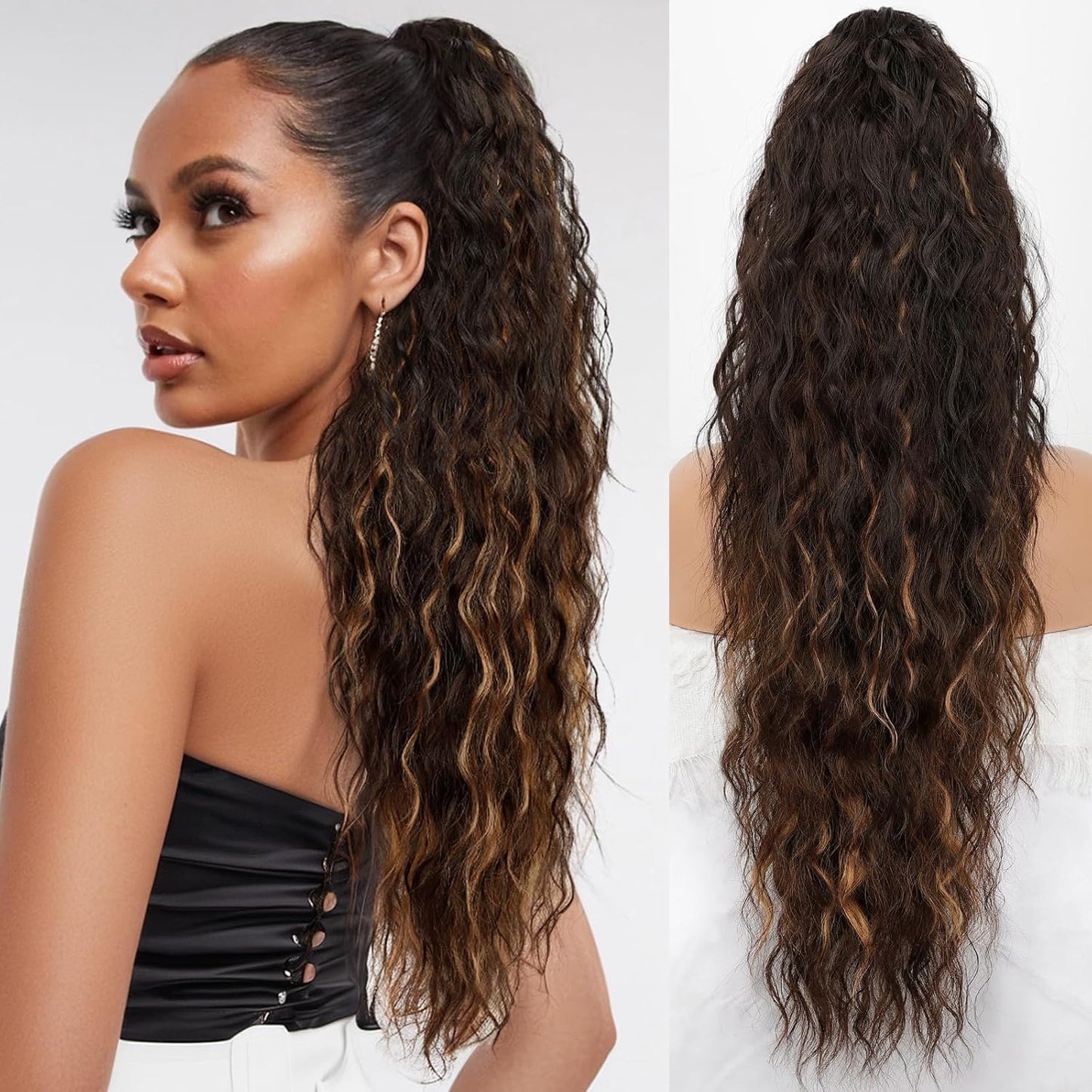 Ponytail Castaño Con Mechas Natural | Fibra Premium Resistente al Calor, Suave, Ligera y Realista