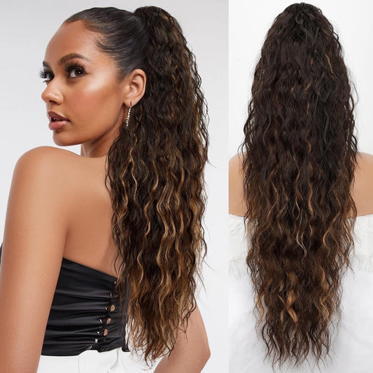 Ponytail Castaño Con Mechas Natural | Fibra Premium Resistente al Calor, Suave, Ligera y Realista