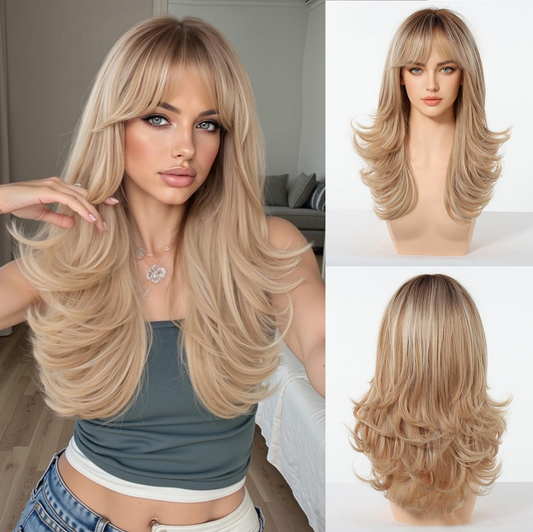 Peluca Clásica 16 Pulgadas Rubio Cenizo con Mechas Doradas Corte Mariposa | Fibra Premium Resistente al Calor y Apariencia Natural