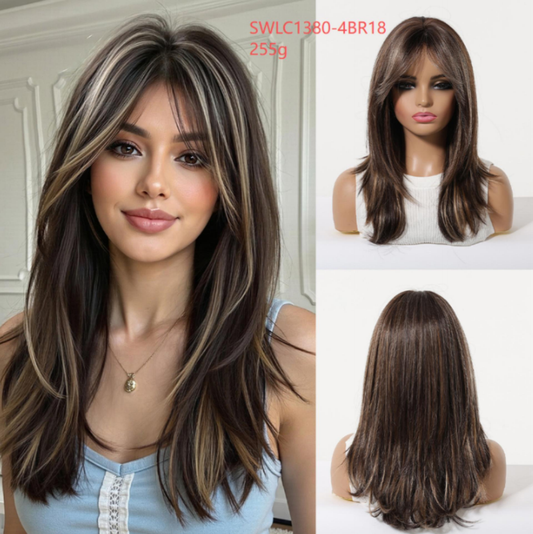 Peluca Clásica 16 Pulgadas Castaño con Mechas Plata | Fibra Premium | Ross Wigs