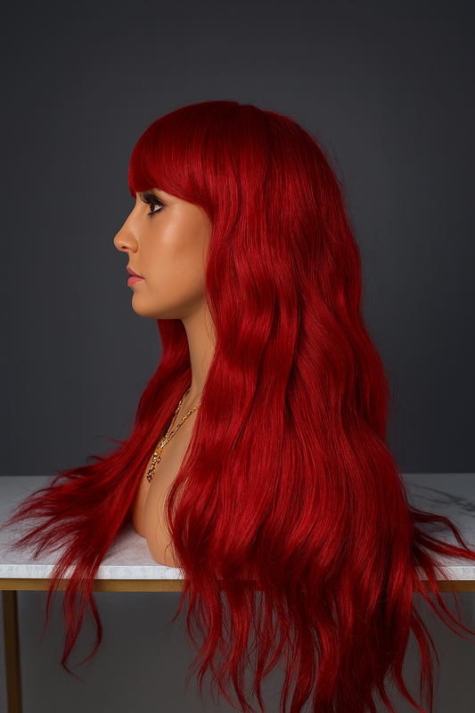 Peluca Roja Larga con Ondas y Fleco | Estilo Clásico con Gorro Genérico | Color Rojo Intenso | Ross Wigs