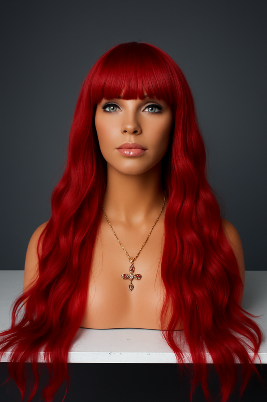 Peluca Roja Larga con Ondas y Fleco | Estilo Clásico con Gorro Genérico | Color Rojo Intenso | Ross Wigs