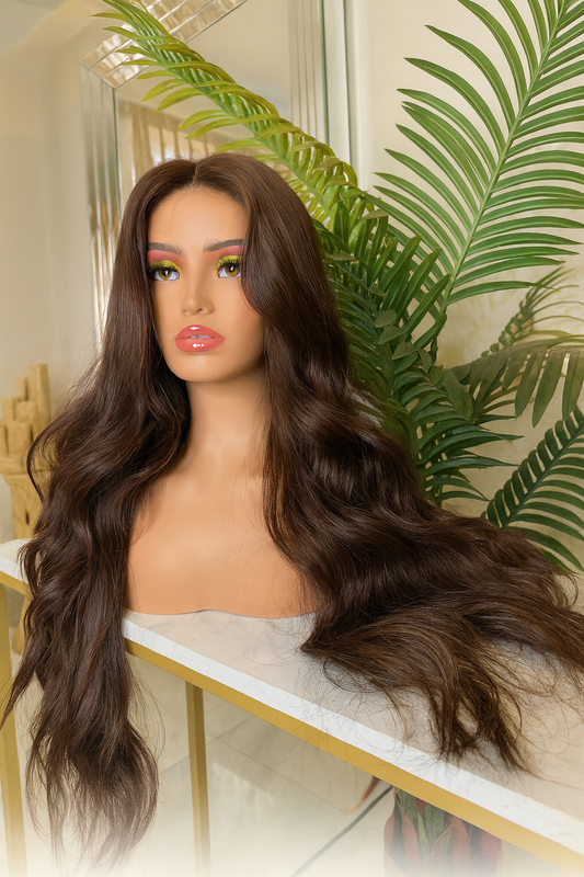 Peluca Realista Chocolate – Larga y Voluminosa, Raíz Natural, Fibra Premium Sin Pegamento y Resistente al Calor