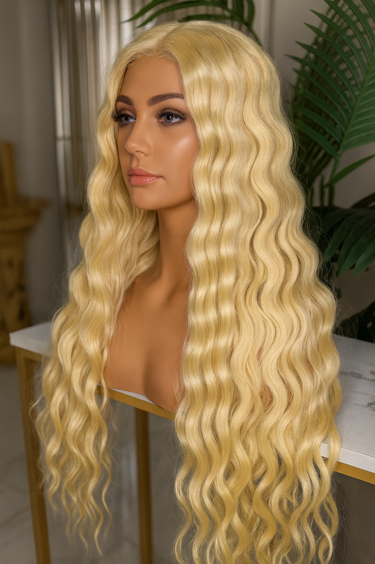 Peluca “Golden Wave” 28” Rubio 613 – Fibra Premium Resistente al Calor, Ondulada y Lace Front en T