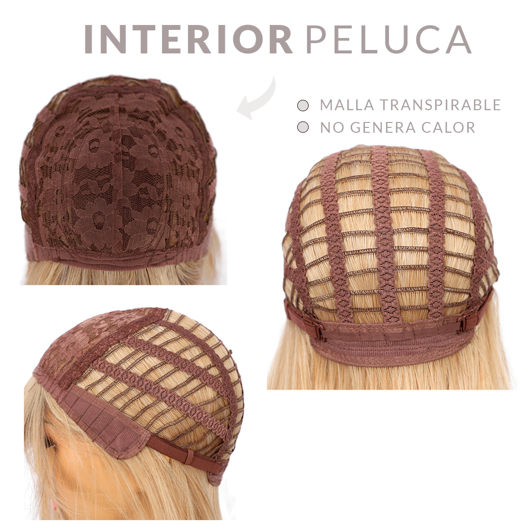 Peluca Realista platino con gris con Fleco – platico con gris Fibra Premium sin Pegamento)