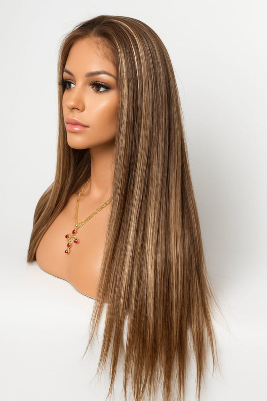 Peluca “Luxe Aurora” 26” – Rubio con Rayitos, LayFront 13x6, Realista, Coletas Altas, Premium