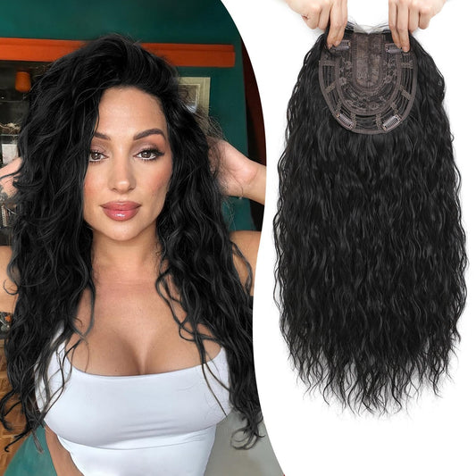 Topper Rizado Castaño Oscuro para Cubrir Canas y Alopecia | Fibra Premium Resistente al Calor con Raíz Natural