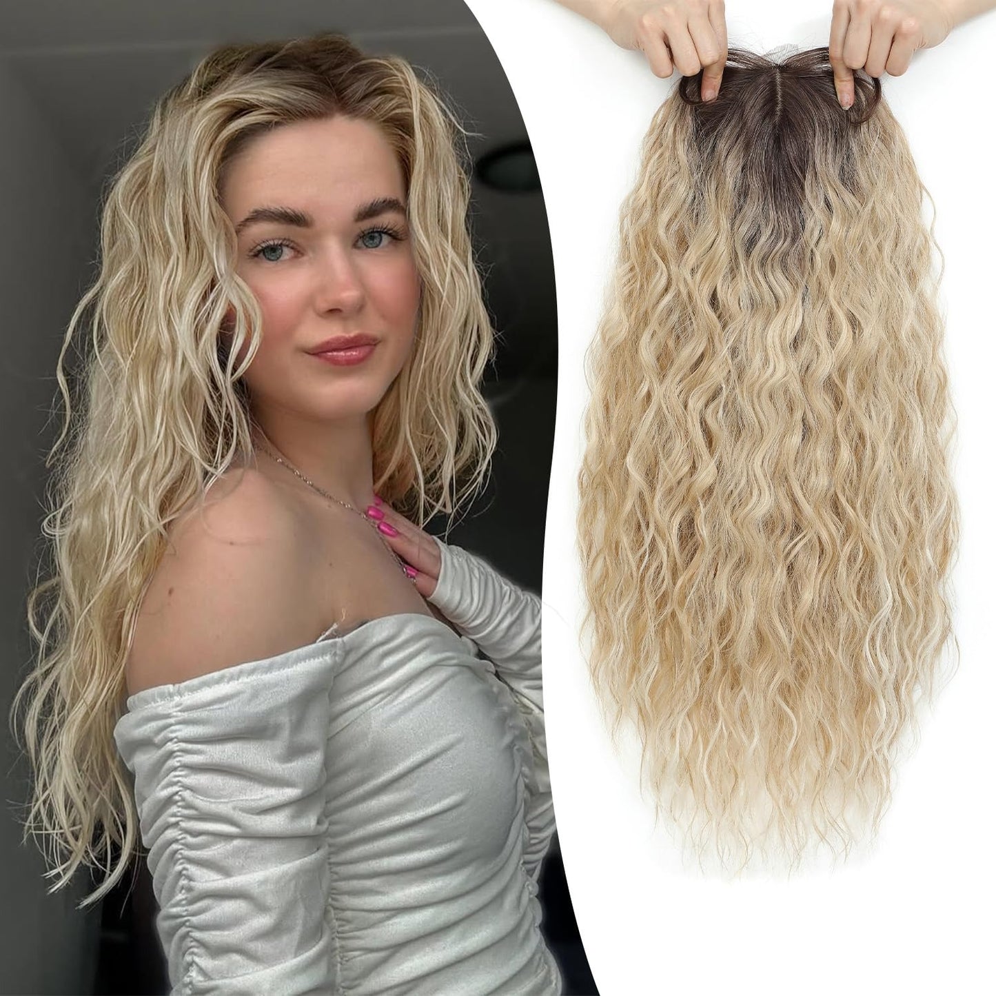 Topper Rizado Rubio de Fibra Premium Resistente al Calor con Simulación de Raíz Negra | Solución para Poco Cabello, Canas y Alopecia (Copia)