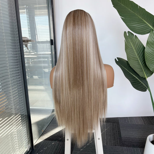 Peluca Realista 13x6 Rubio con Mechas Doradas | Lace Frontal de Alta Definición | Fibra Premium Resistente al Calor