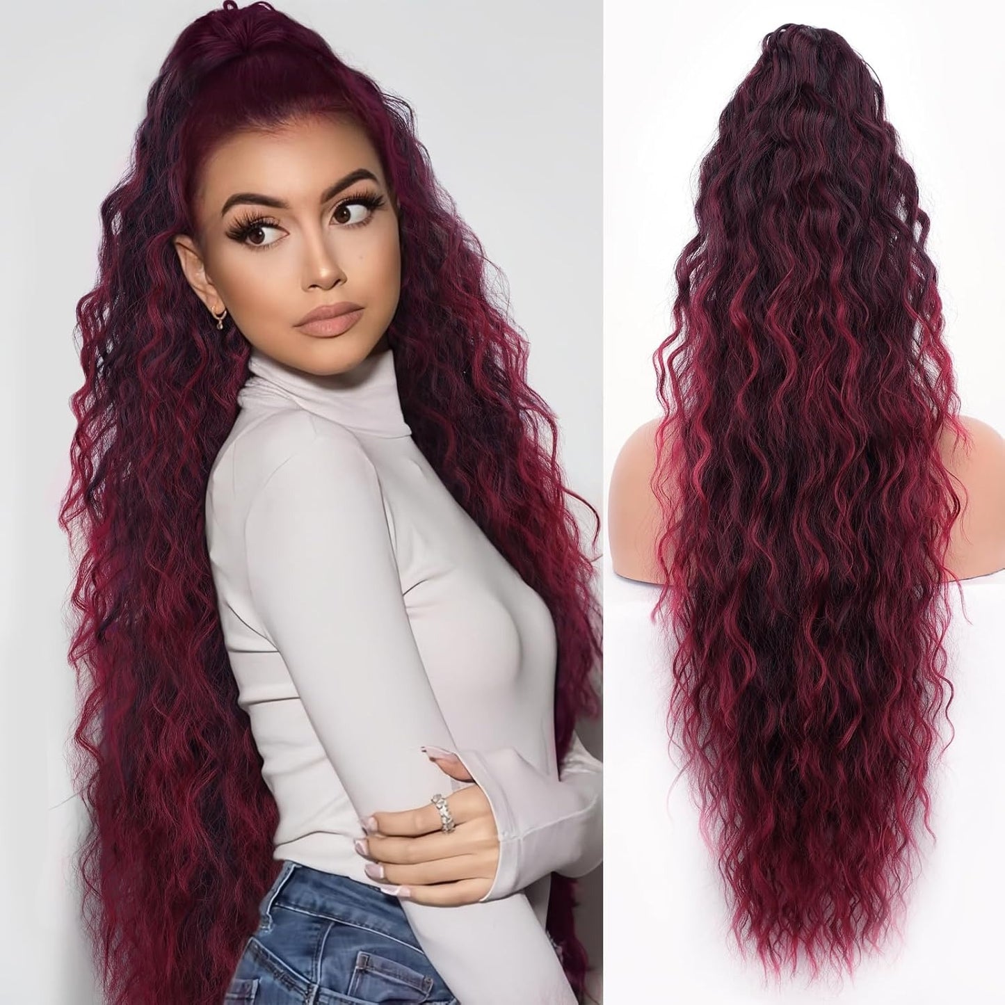 Coleta Ponytail Rizada Rojo Cereza de Fibra Premium Resistente al Calor | Onda de Agua, Natural, Ligera y Reutilizable