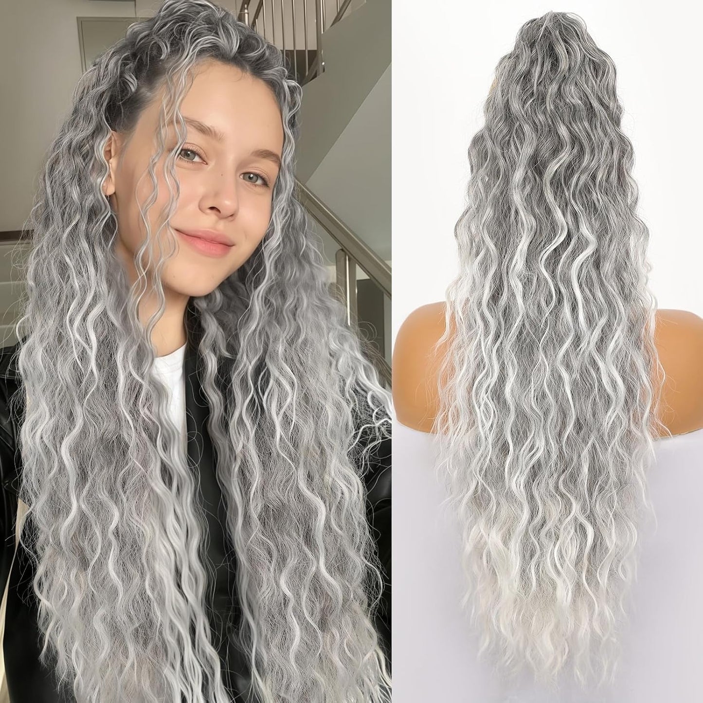 Coleta Ponytail Gris Plata Canosa de Fibra Premium Resistente al Calor | Natural, Ligera, Reutilizable y Fácil de Colocar