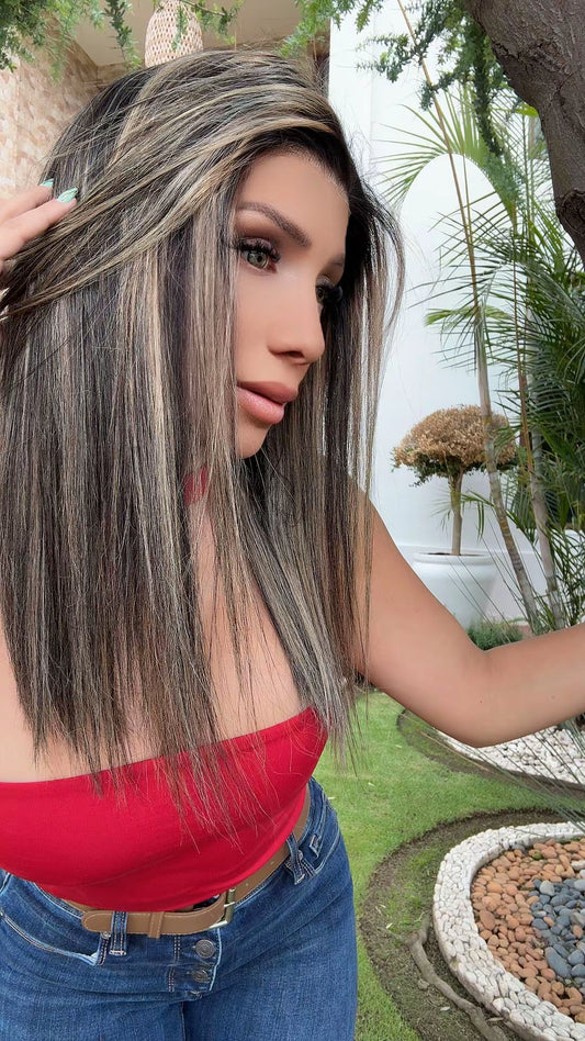 Peluca 18 Pulgadas Cabello 100% Humano Lace Front 13x4 | Base Castaña con Reflejos Cenizos | Natural, Ligera y Apta para Uso Oncológico
