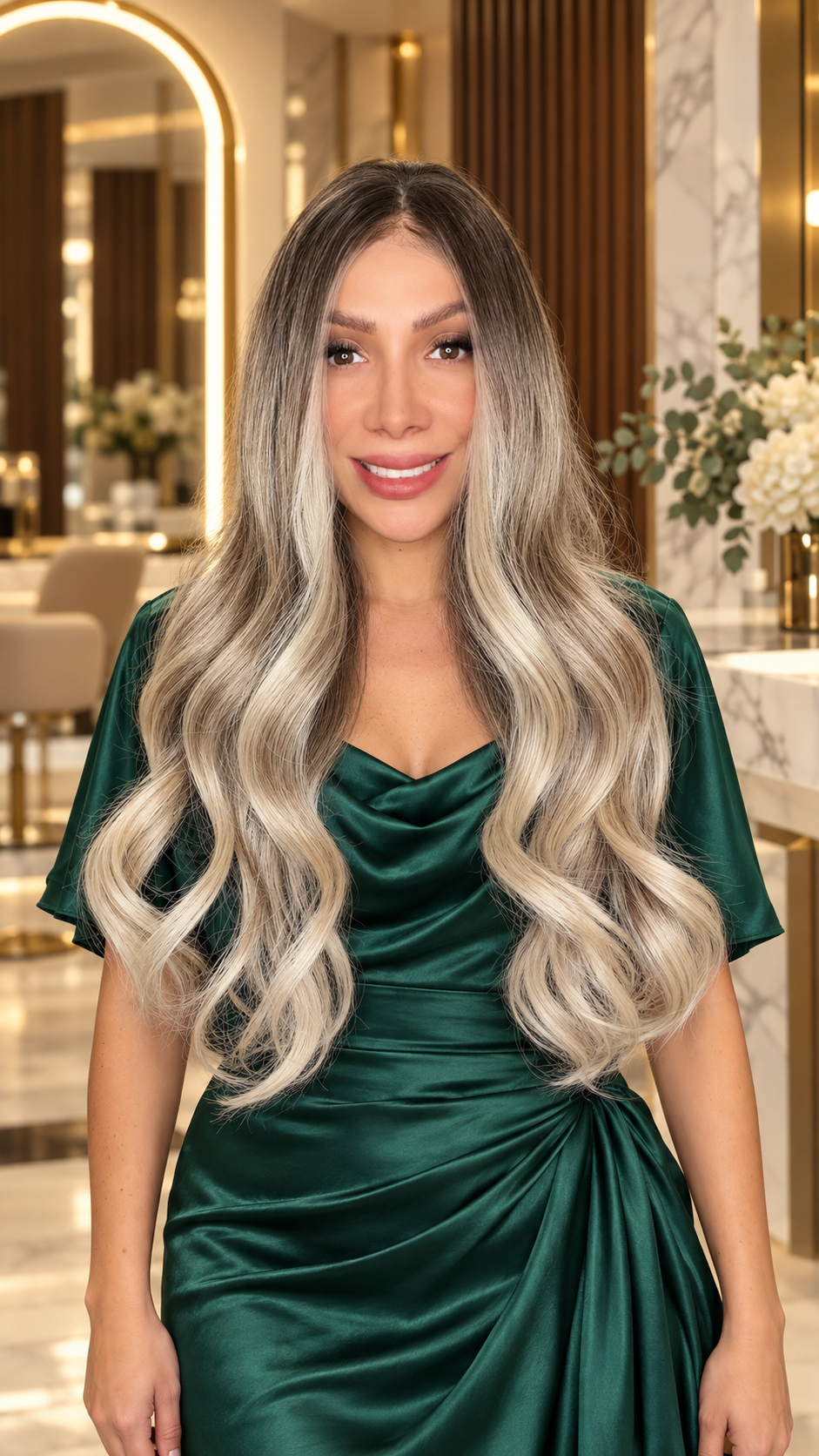 CELESTE | PELUCA REALISTA 13X6 RUBIA CON MECHAS CLARAS PLATINADAS 16" FIBRA PREMIUM RESISTENTE AL CALOR