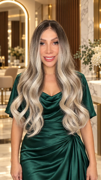 CELESTE | PELUCA REALISTA 13X6 RUBIA CON MECHAS CLARAS PLATINADAS 16" FIBRA PREMIUM RESISTENTE AL CALOR