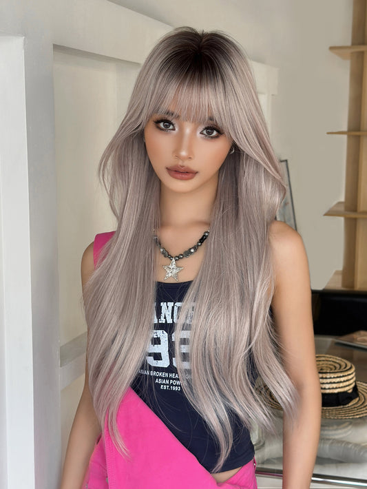 Peluca Realista platino con gris  con Fleco – platico con gris  Fibra Premium sin Pegamento)