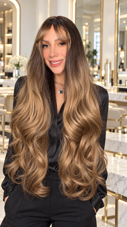 DULCE | PELUCA CLÁSICA 30" CAFÉ BALAYAGE MIEL LARGA SIN PEGAMENTO