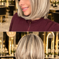 Peluca corta de Cabello Humano 10¨Con Mechas Rubias Platinadas, Flequillo y corte escalonado 13x4