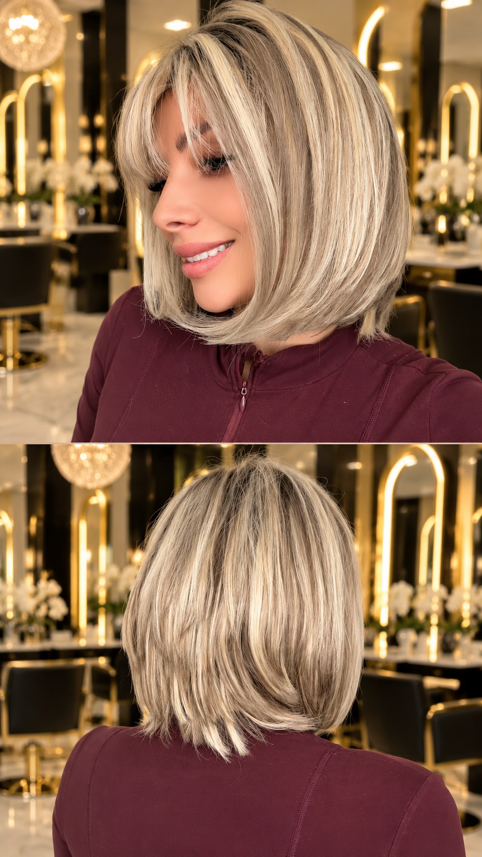 Peluca corta de Cabello Humano 10¨Con Mechas Rubias Platinadas, Flequillo y corte escalonado 13x4