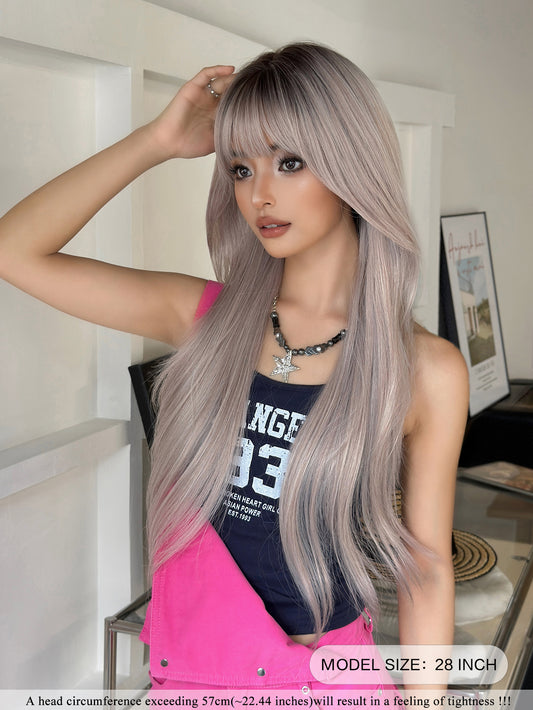 Peluca Realista platino con gris  con Fleco – platico con gris  Fibra Premium sin Pegamento)