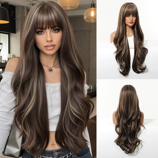 Peluca Clásica 28 Pulgadas Castaño Oscuro con Reflejos Dorados | Ondas Naturales | Ross Wigs