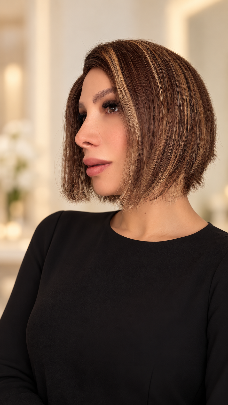 PELUCA DE CABELLO 100% HUMANO 6" CORTE HONGUITO | CAFÉ CON REFLEJOS DORADOS | LACE 13X1 RAYA LATERAL