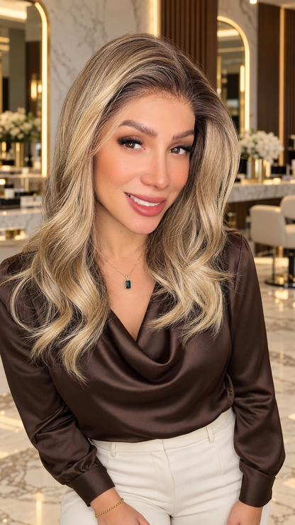 DALIA | PELUCA REALISTA 13X6 RUBIA CON RAÍZ 16" FIBRA PREMIUM RESISTENTE AL CALOR