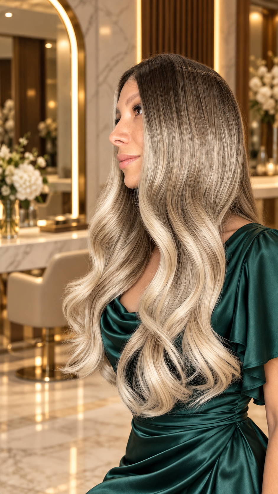 CELESTE | PELUCA REALISTA 13X6 RUBIA CON MECHAS CLARAS PLATINADAS 16" FIBRA PREMIUM RESISTENTE AL CALOR