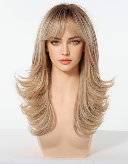 Peluca Clásica 16 Pulgadas Rubio Cenizo con Mechas Doradas Corte Mariposa | Fibra Premium Resistente al Calor y Apariencia Natural