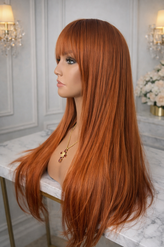 Peluca Realista Diamante con Flecos – COBRIZA , Fibra Premium sin Pegamento (Glueless) (Copia)