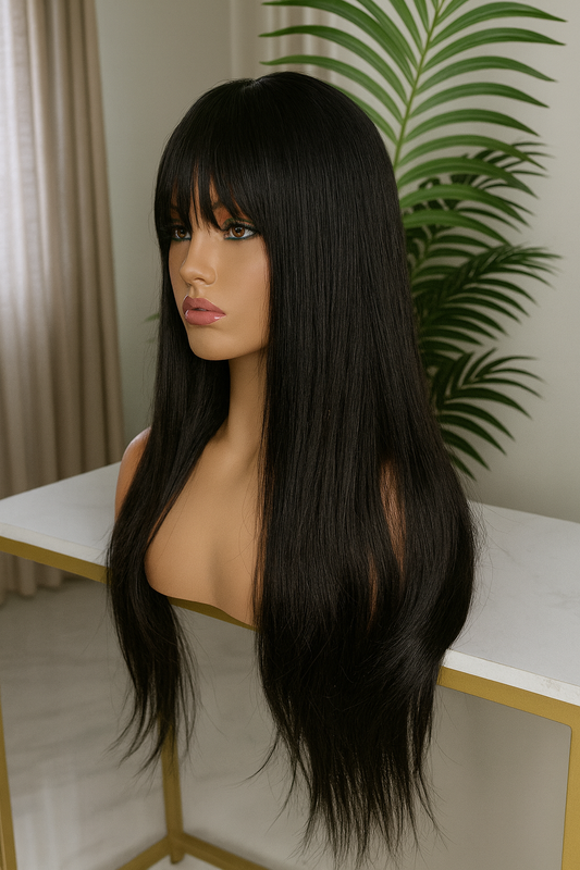 Peluca Naomi | 28 pulgadas con fleco negro natural – Sin pegamento, estilo lacio premium