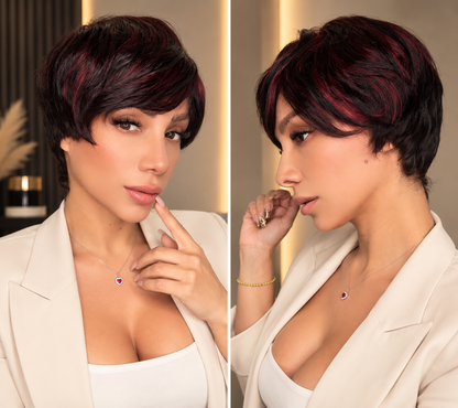 PELUCA PIXIE 100% CABELLO HUMANO NEGRA CON ILUMINACIONES ROJAS | SIN LACE