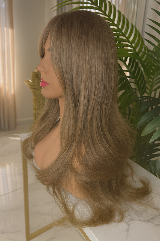 Peluca Clásica “Amelia” – Rubio Cenizo Largo con Fleco | Fibra Premium Realista Resistente al Calor