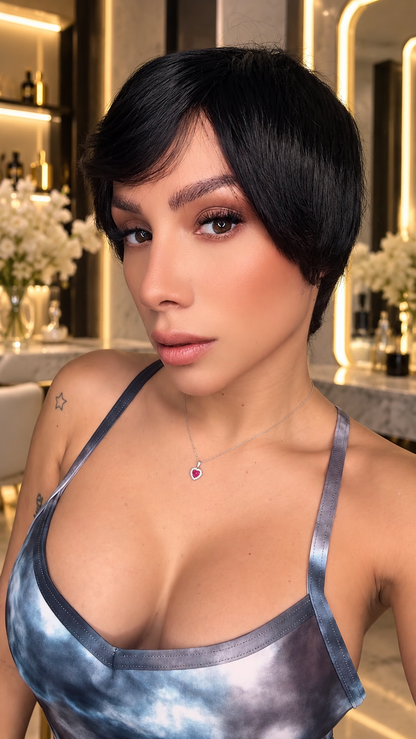 Peluca Pixie Negra de Cabello 100% Humano | Corta Lisa sin Lace