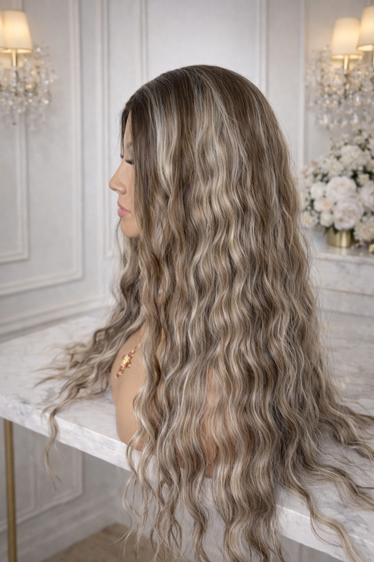 Peluca Ondulada 26” con LACEFRONT en T y Encaje | Súper Realista, Lavable y Reutilizable – Acabado Premium