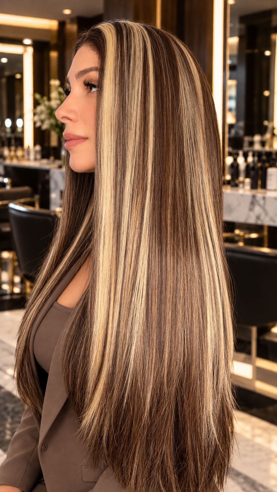 CHAI | PELUCA REALISTA 13X6 CASTAÑA CON MECHAS DORADAS 26"
