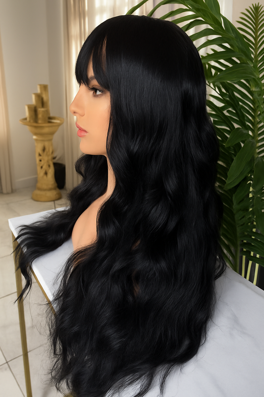 Peluca Clásica “Valentina” – Negra Intensa con Fleco | Sin Pegamento, Lista para Usar