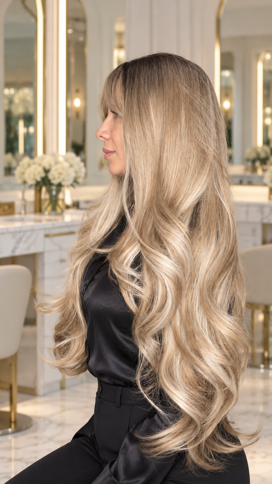 GALA | PELUCA CLÁSICA 30" RUBIA LARGA CON ONDAS Y FLECO SIN PEGAMENTO