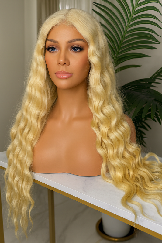 Peluca “Golden Wave” 28” Rubio 613 – Fibra Premium Resistente al Calor, Ondulada y Lace Front en T