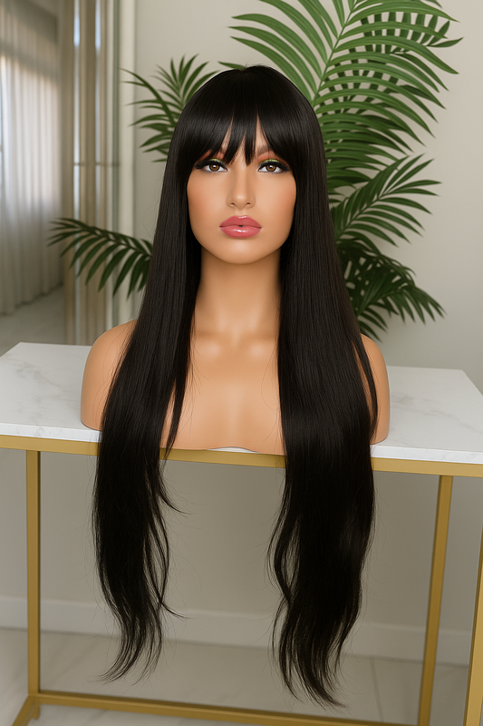 Peluca Naomi | 28 pulgadas con fleco negro natural – Sin pegamento, estilo lacio premium