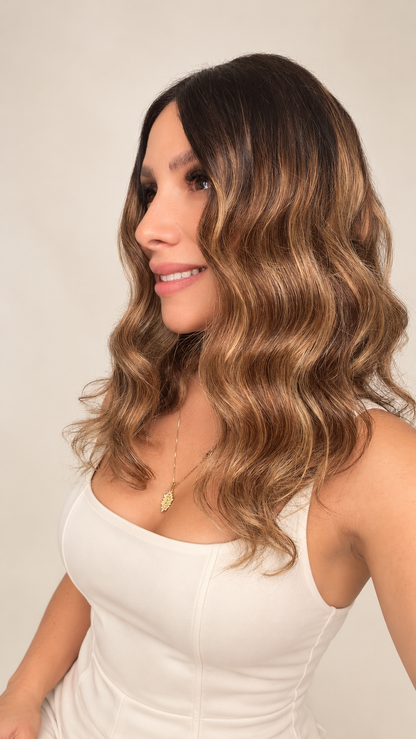 PELUCA DE CABELLO 100% HUMANO 16" BALAYAGE DORADO MIEL CON RAÍZ | CON O SIN PEGAMENTO