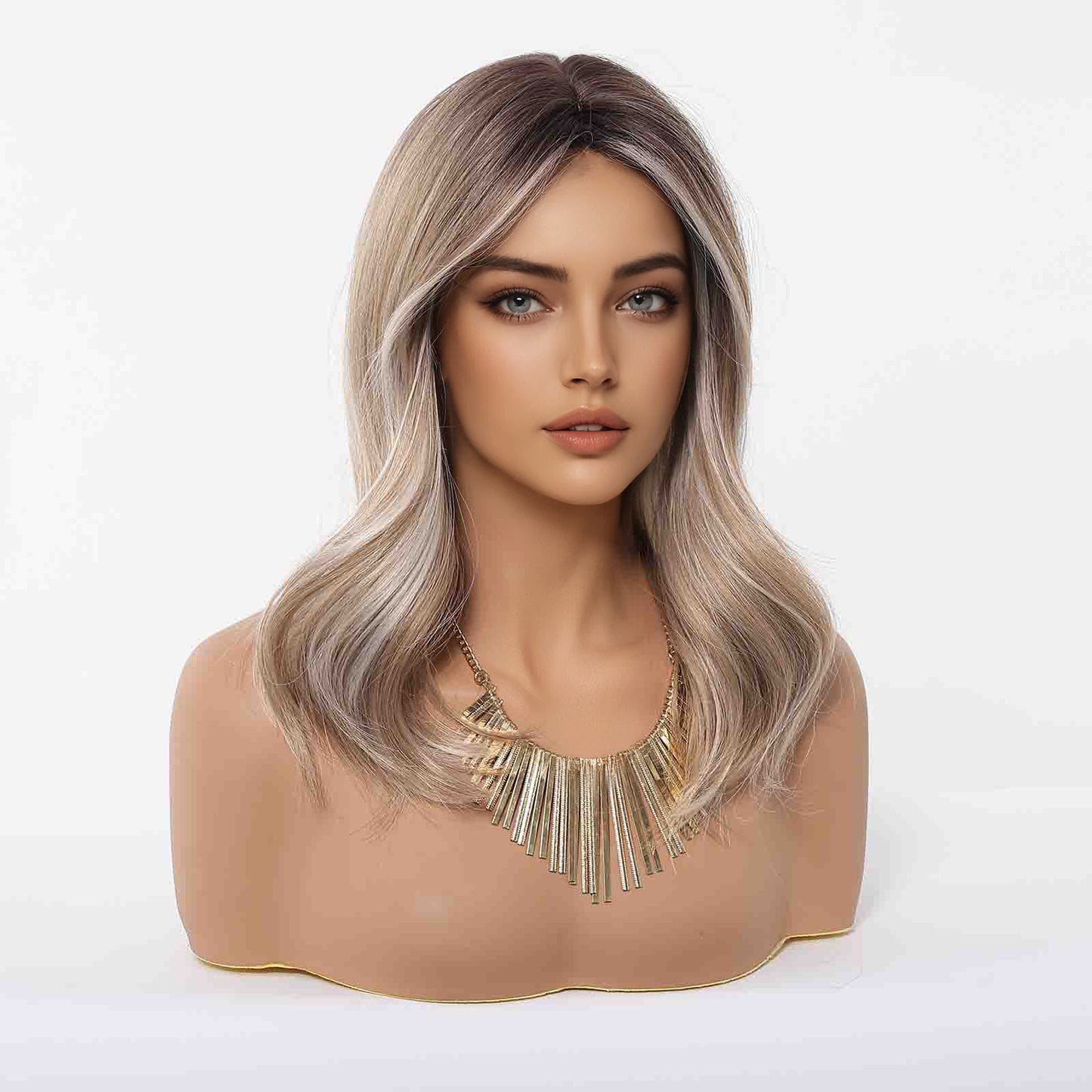 Peluca Realista rubia con raiz   –  Fibra Premium sin Pegamento)