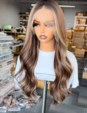 Peluca Realista 13x6 Café con Mechas Rubias | Lace Frontal HD | Fibra Premium Resistente al Calor
