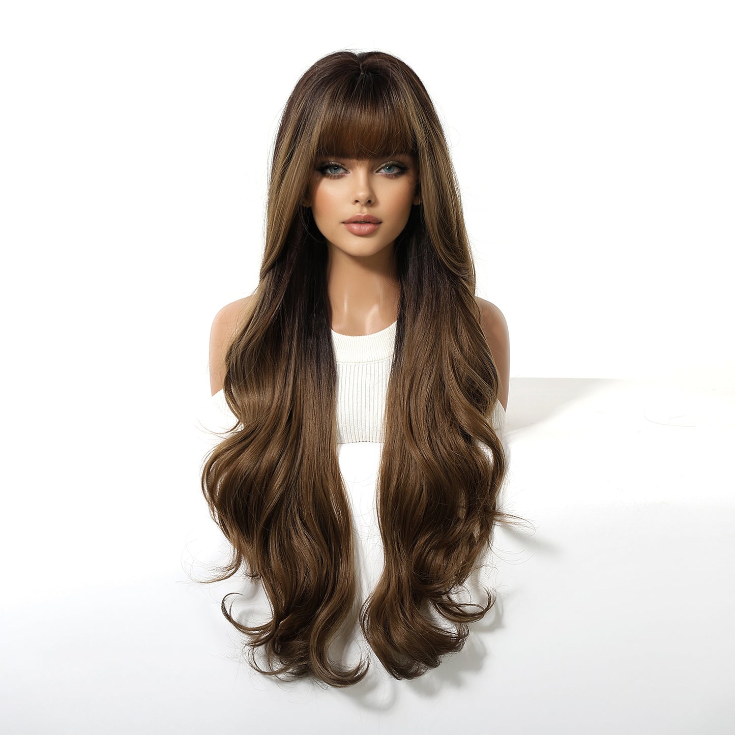 Peluca Clásica 28 Pulgadas cafe con mechas  | Ondas Naturales | Ross Wigs