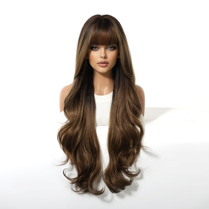 Peluca Clásica 28 Pulgadas cafe con mechas  | Ondas Naturales | Ross Wigs