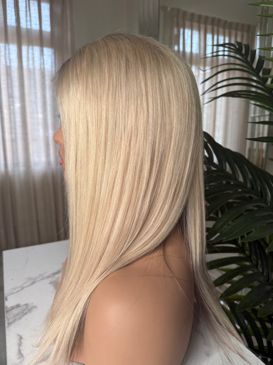 Peluca 100% Humana Rubio Platinado con Raíz 13x4 Lace Front | 14” Realista y de Alta Duración – Ross Wigs