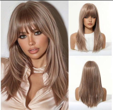PELUCA CLASICA  EN TONO RUBIO CENIZO CON MECHAS CAFES 16 PULGADAS