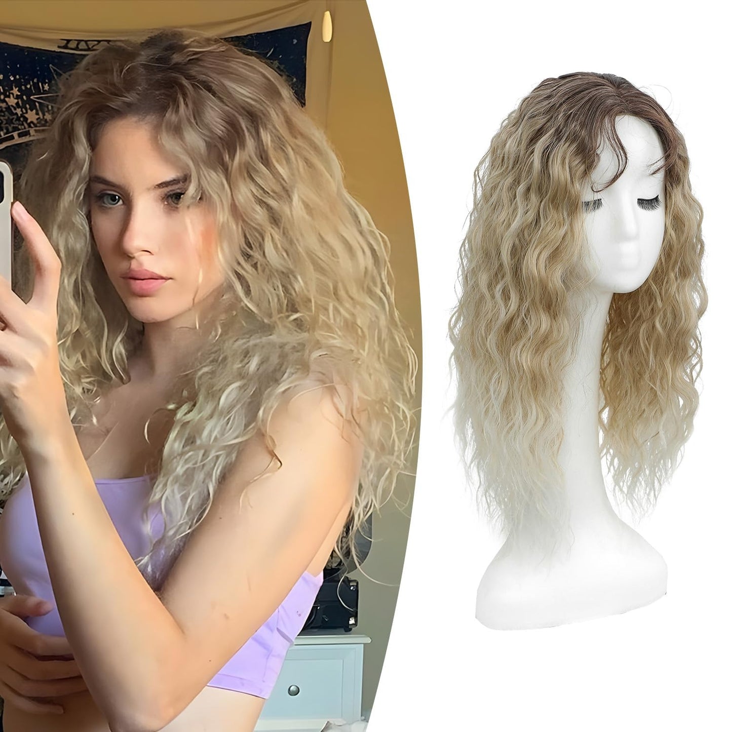 Topper Rizado Rubio cenizo  para Cubrir Canas y Alopecia | Fibra Premium Resistente al Calor con Raíz Natural