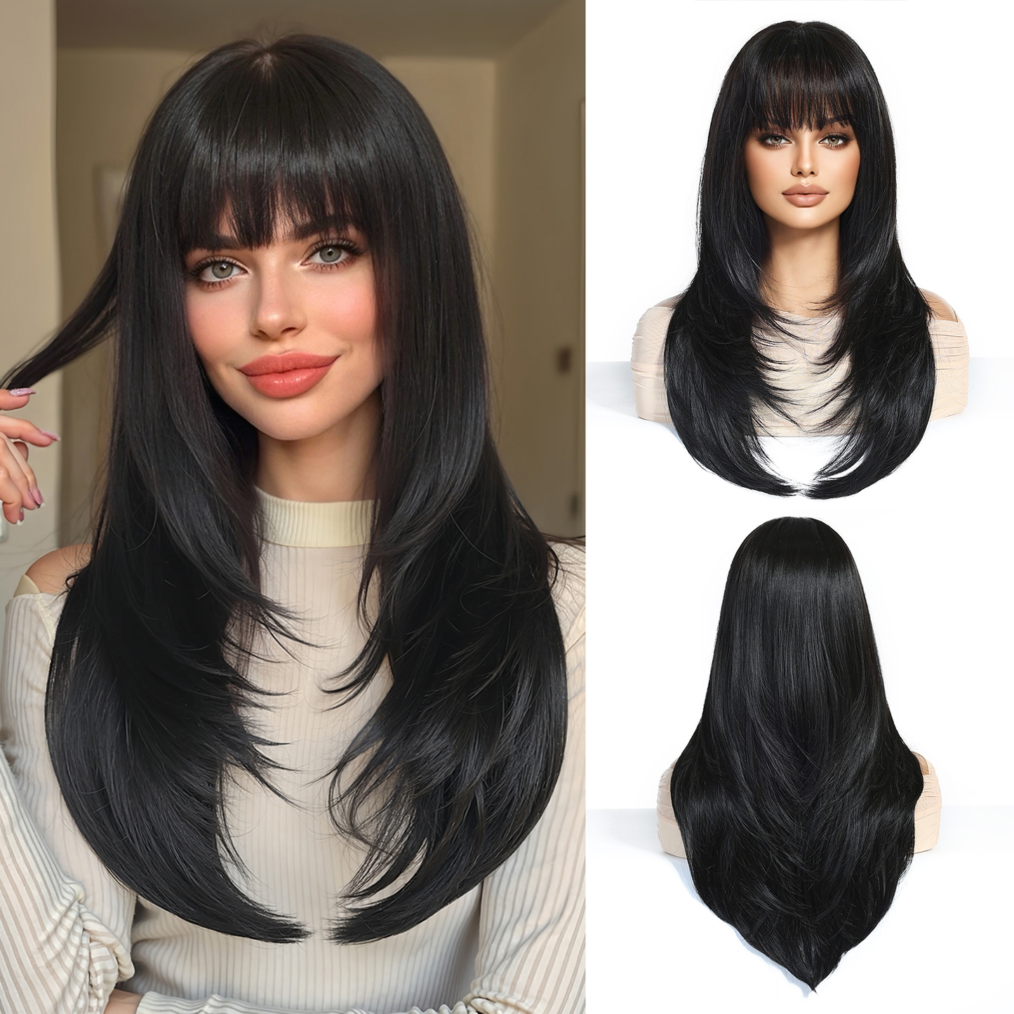 Peluca Realista negra    –  Fibra Premium sin Pegamento)